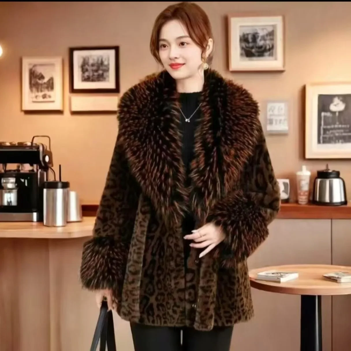 

Leopard Print Fur Coat Women2025Autumn Winter New Long Fur-fur Integration Jacket Mao Mao Collar Overwear Fashion Outcoat Female