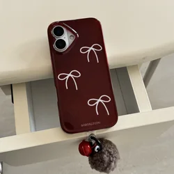 Simplicity Glossy Red Bowknot Hairball Small Bell Shockproof Protective Phone Cover Case for iPhone 16 15 14 13 Pro Max