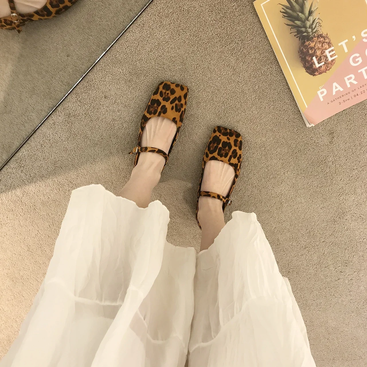 French style Women Vintage Flats Button Square Toe Mary Janes Casual Shoes Leopard Comfort Loafers Shoes 2024 Ballerina Flats