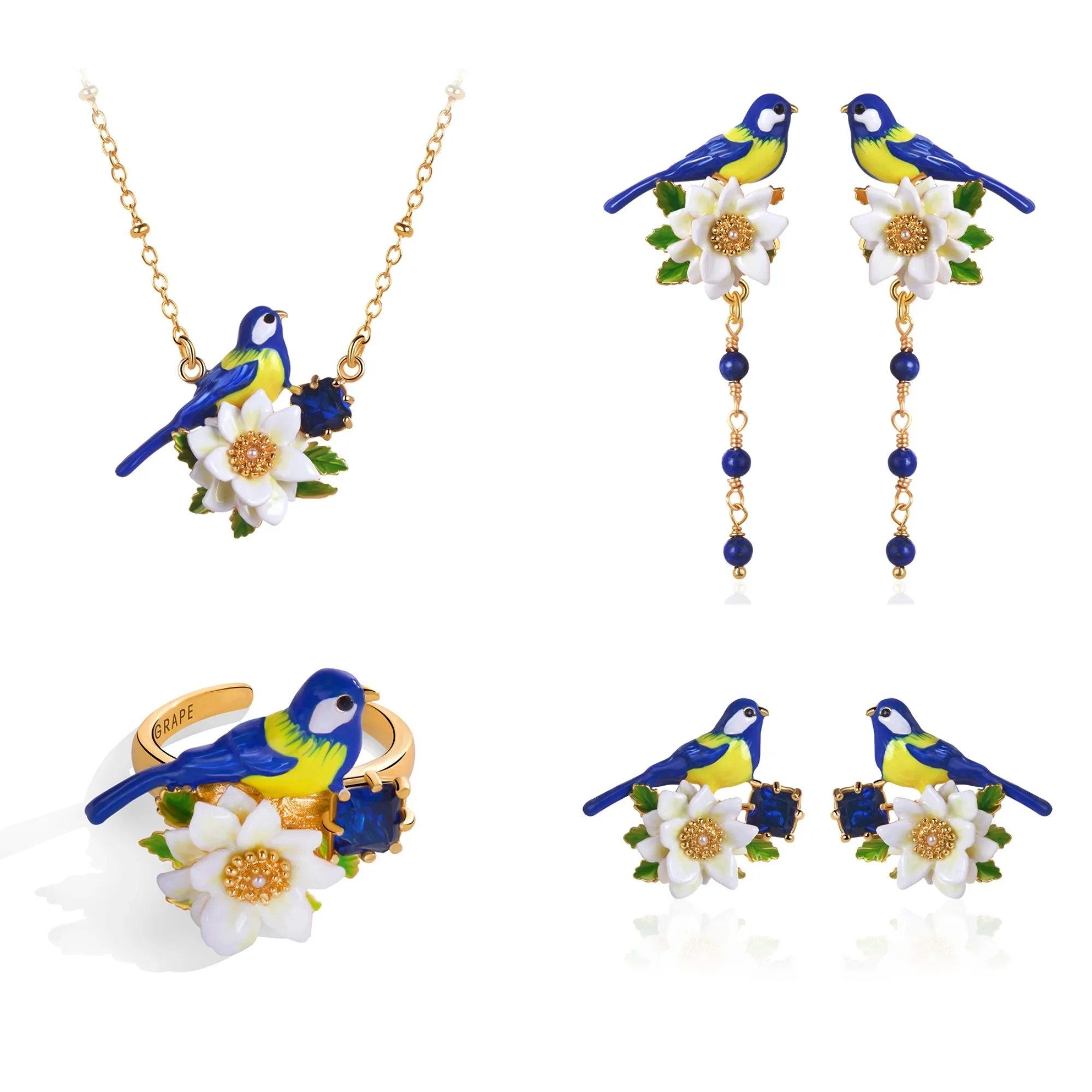 

Juicy Grape White Flower Blue Bird Jewelry Set Earrings Necklace Ring Enamel Handmade Flower and Bird Jewelry Girl GIfts
