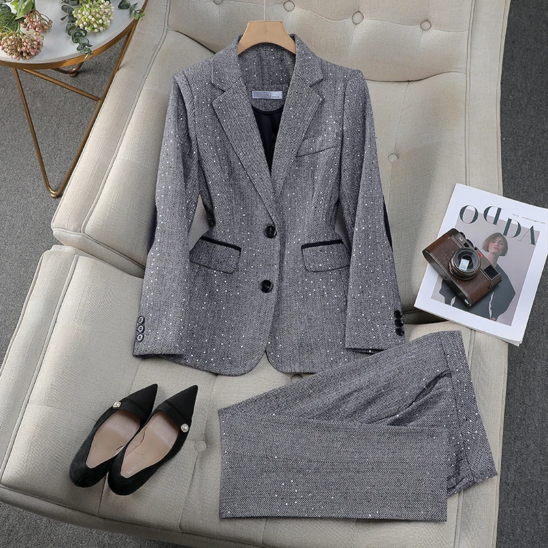 S-4XL Shiny Sequins Women Suits Office Sets Fashion Slim Single Button Turn Down Collar Blazers Vintage Flare Pants Suits