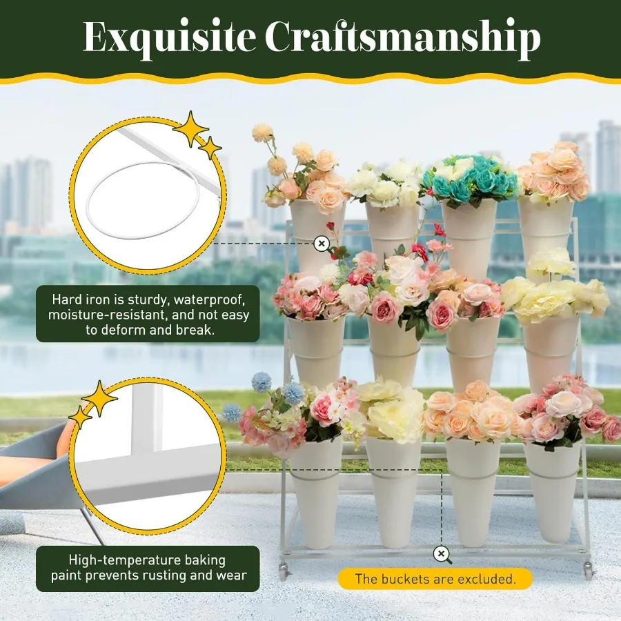 3-poziomowy stojak na kwiaty z 12 wiadrami i kółkami do użytku wewnątrz i na zewnątrz, wytrzymały wózek na rośliny z solidną konstrukcją