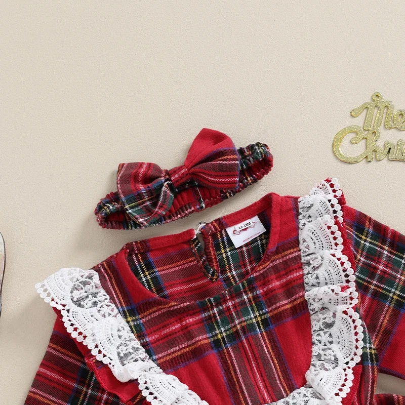 Baby Girls Christmas Rompers Dress Clothes Plaid Lace Trim Crew Neck Long Sleeve Xmas Bodysuits Dresses with Headband