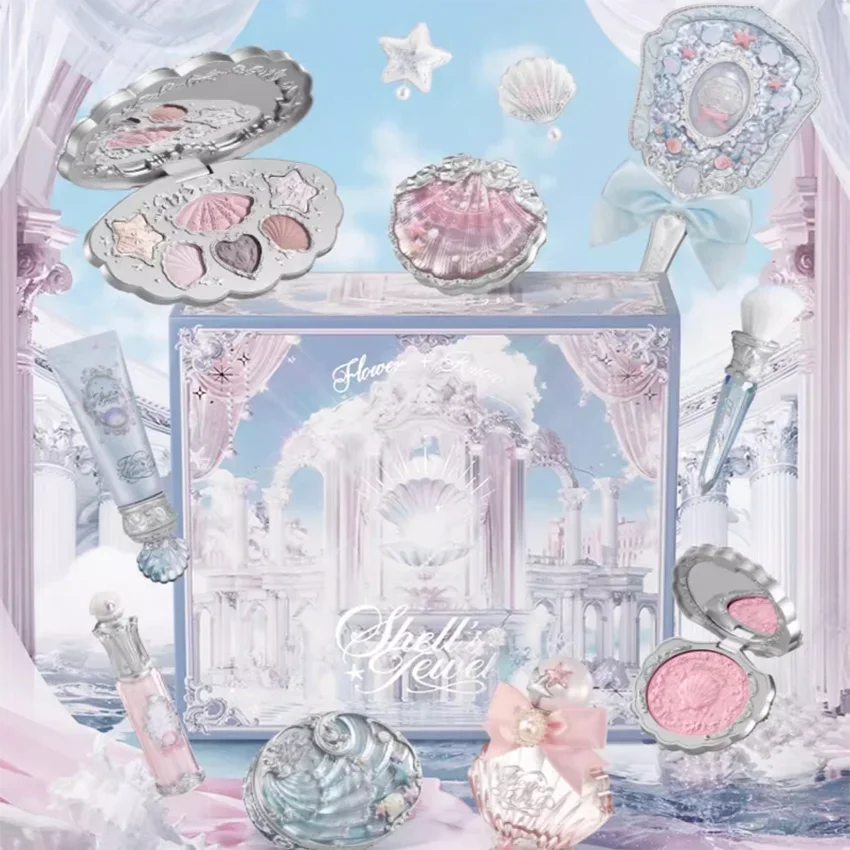 

Flower Knows Shells Pearl Eyeshadow Essence Lip Honey Blush Cheek Makeup Front Ocean Gift Box Makeup Kit Full Professional