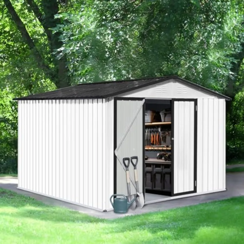 

10' × 8'Metal Outdoor Storage Shed with Door & Lock,Waterproof Garden Storage Tool Shed with Base Frame for Backyard Patio,White