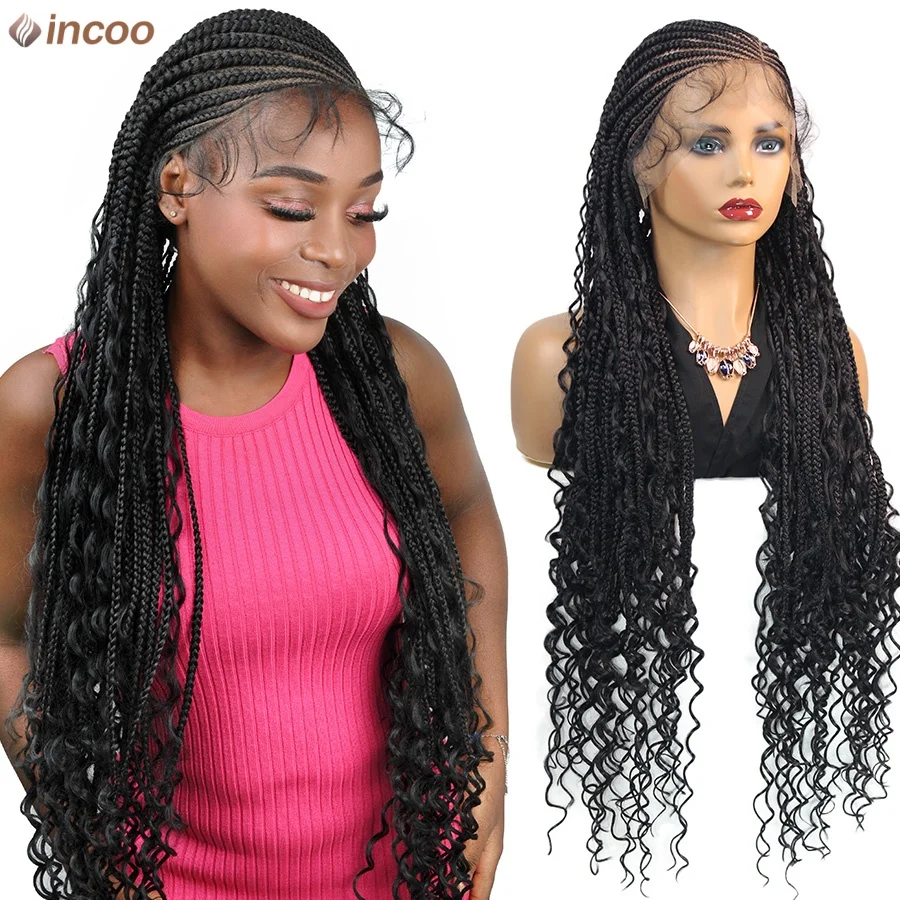 

Boho Knotless Box Плетеные Парики Синтетические Полные Парики Фронта Шнурка Для Женщин Парик Богини Косички С Вьющимися Волосами Корниво Плетение Волос