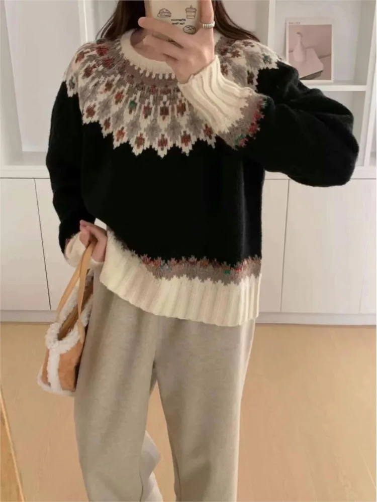 Knitted Geometric Print Autumn Winter Pullover Sweater Women Long Sleeve Casual Modis Ladies Sweaters Korean Style Woman Sweater