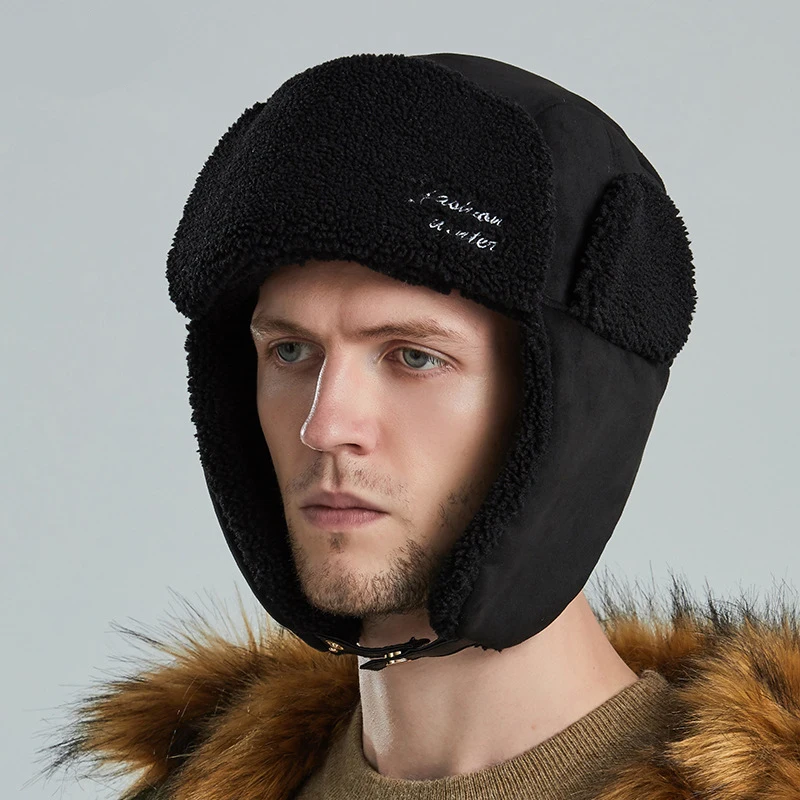 Men Model Splicing Lamb Wool Thickened Thunderbolt Hat Winter Skiing Windproof Warm Caps Outdoor Riding pre-cold Hat Touca Russa