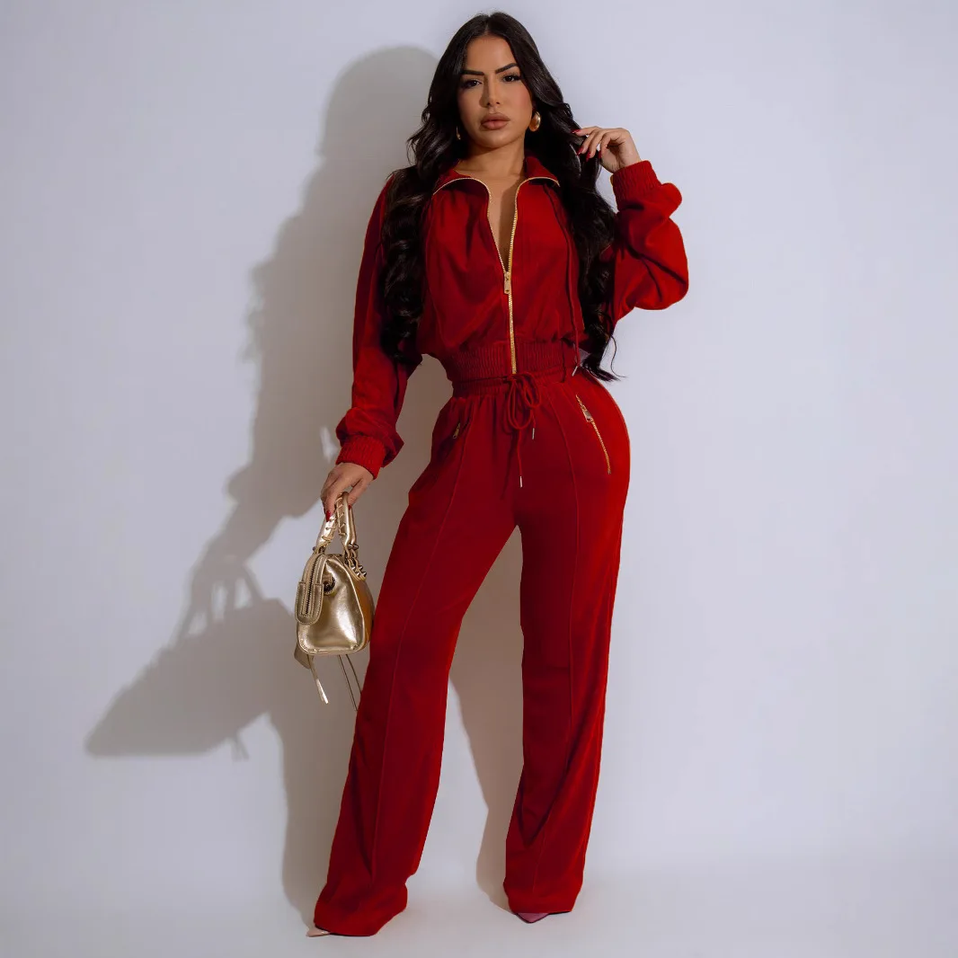 Women's Multi-Color Velvet Hooded Zipper Jumpsuit Loose Wide Leg Casual Outfits