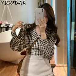 Hong Kong winds Retro Women's Plaid Blouse Long Sleeve Check Shirt Tops Female Basic Cheap Women's Korean Fashion Clothes shirt