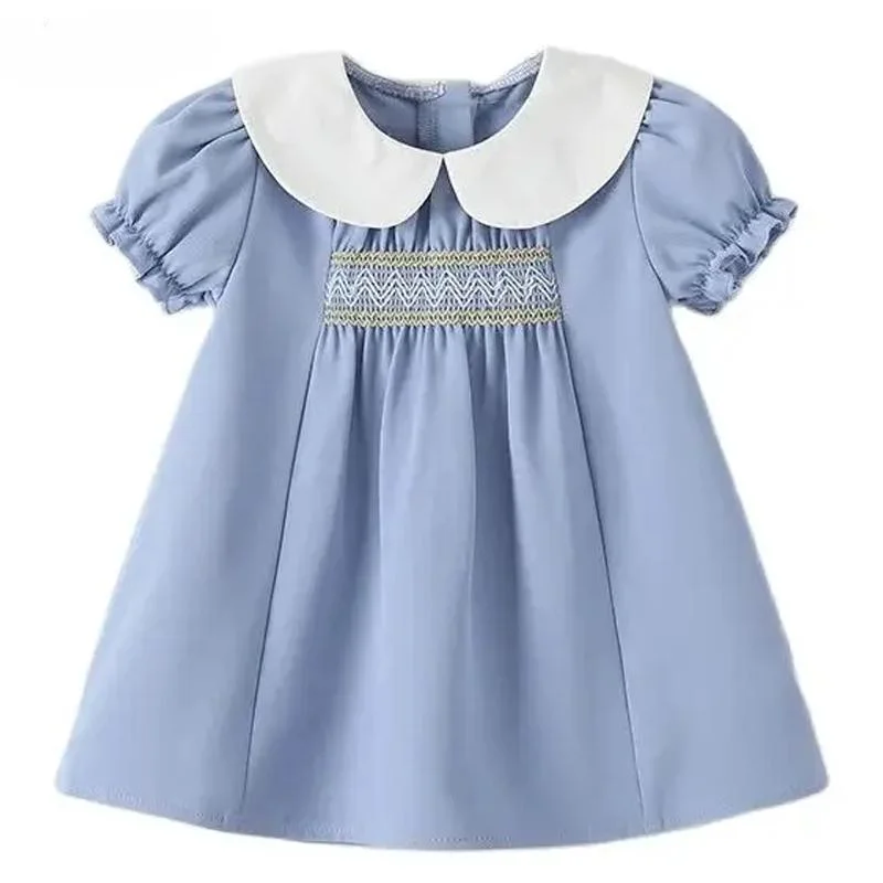 2024 Baby Kids Matching Children Birthday Party Clothes Luxurious Summer Girls Blue Ruffled Smocked Dresses Embroidery Outfit