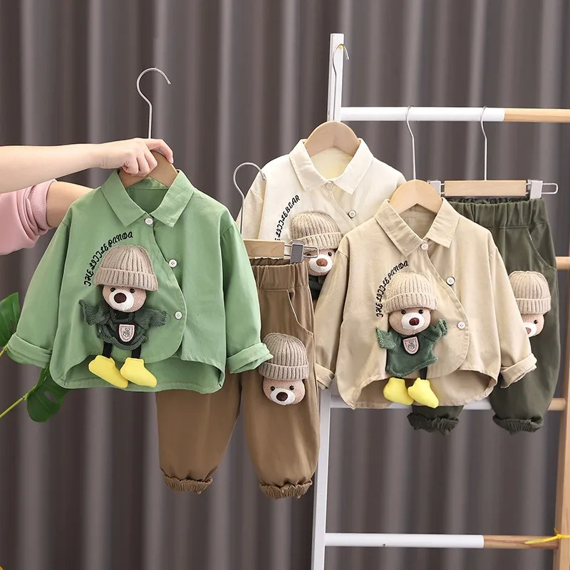 

Autumn Boy Set 2025 New Kids Cute Shirt Long Pants Two Piece Set Boys Spring and Autumn Long Sleeve Green Top Boys Clothes