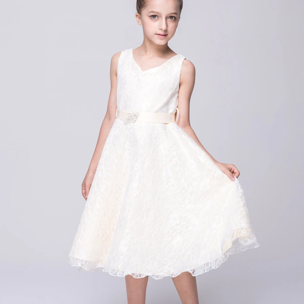 LPATTERN Vintage Dress for Girls Lace Sleeveless V-Neck Children\'s Party Dress with Belt Toddler Kids Daily Costume for Summer