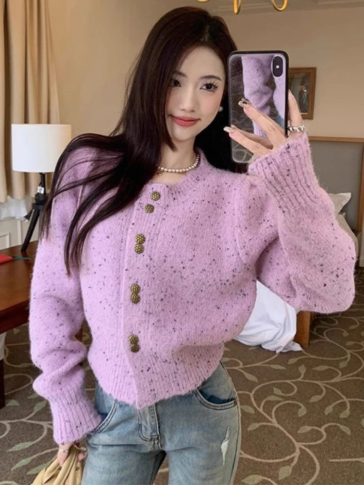 

Ladies Knit Sweaters Short Top With Long Sleeves Y2k Fall 2025 Elegant Jackets Korean Style Hot Round O Neck Women's Cardigans