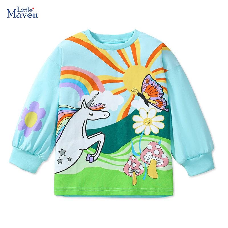 Little maven Children's Clothing Europe America Styl Baby Girl Cartoon Tops Unicorn Print Long Sleeves T-shirts Cotton Kids Tees