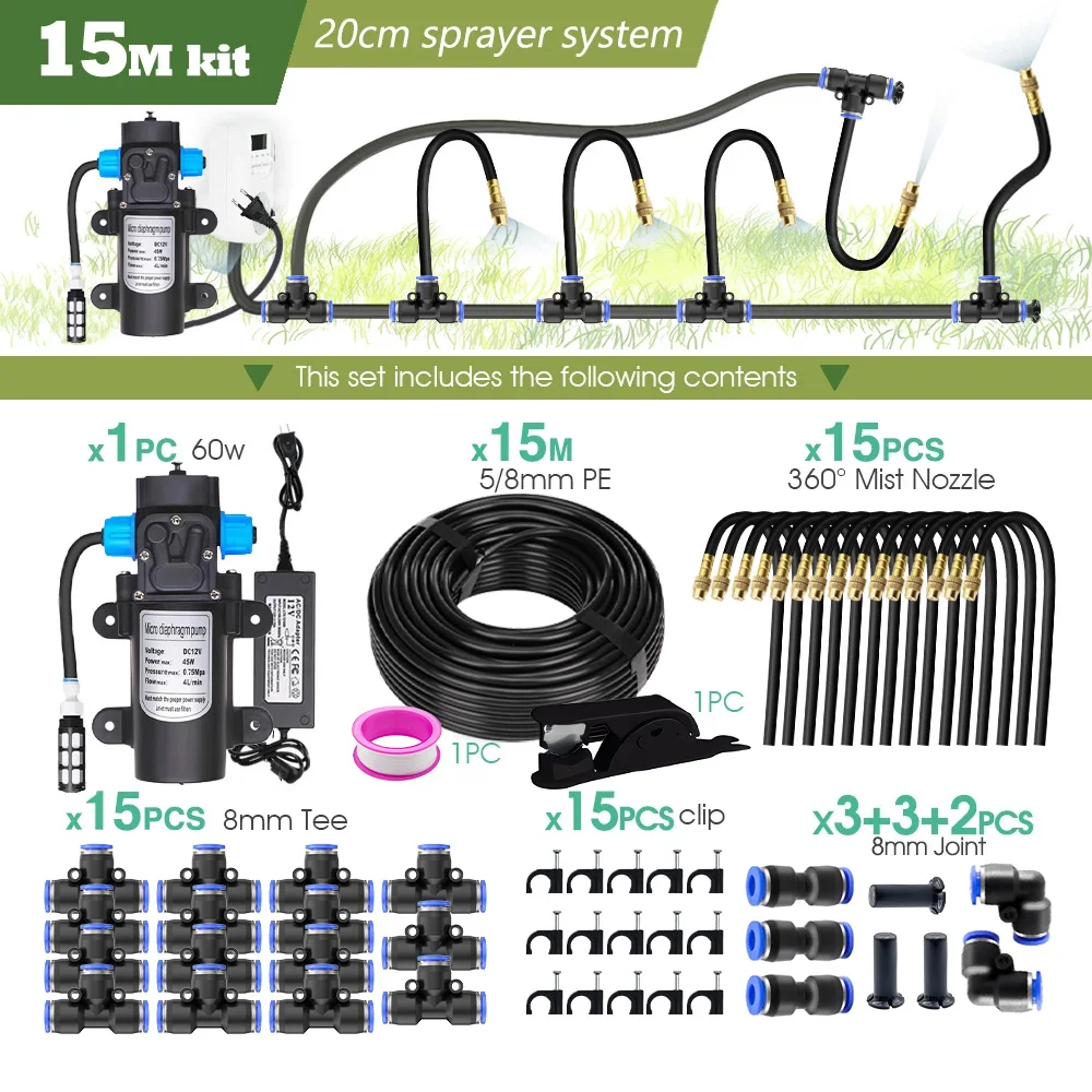 Tuinsproeierset met 5/8mm PE slang, 60W zelf-aanzuigende pomp, 20cm universele messing spuitmond, besproeiingssysteem voor gazebo planten