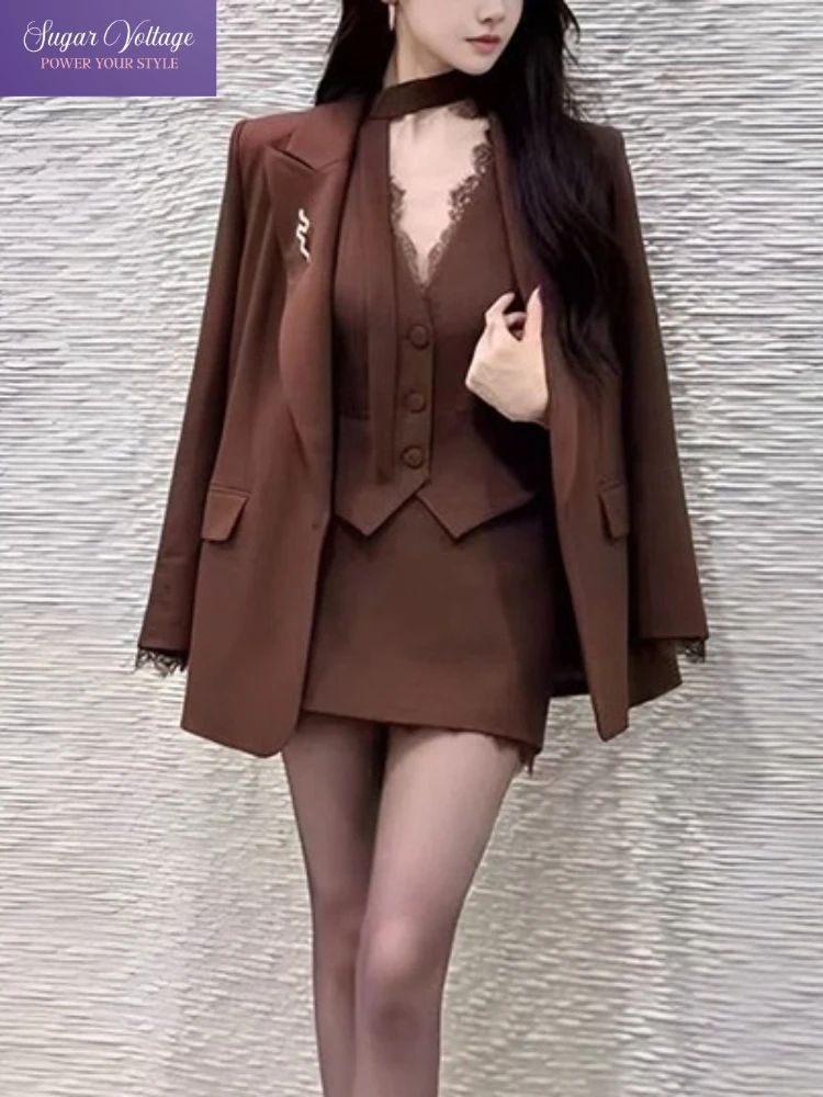 

Harajuku винтажный сексуальный комплект из 3 предметов, женский тонкий пиджак, пальто + кружевной жилет, топ + юбка с высокой талией, осенне-зимний шикарный модный наряд