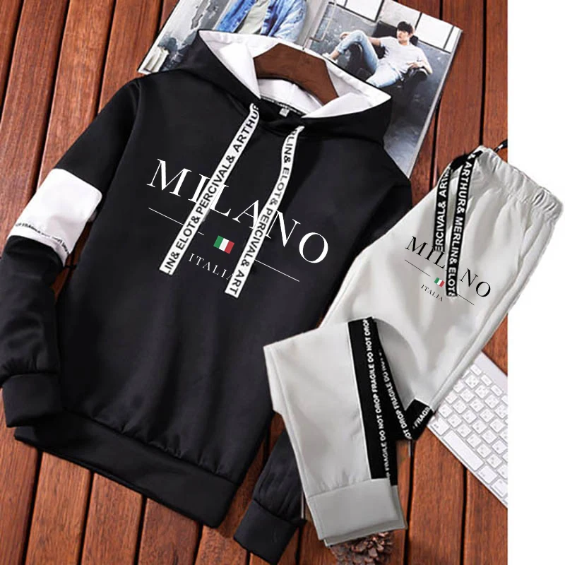 Men Milano Letters Print Sweatshirt Set Hoodies Sweatpants Tracksuit Design Outfits Jogger Suit Male Pullover Luxury Streetwear