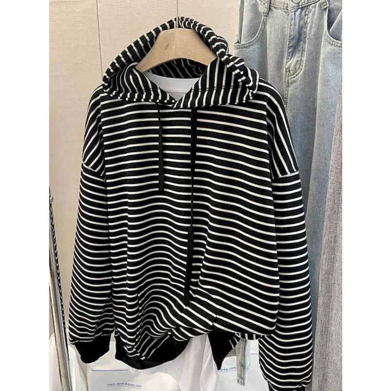 

Pop Hooded Pullovers Striped Retro Oversized T-shirts Casual Korean Style Long Sleeve Streetwear Women Autumn Aesthetic Clothing