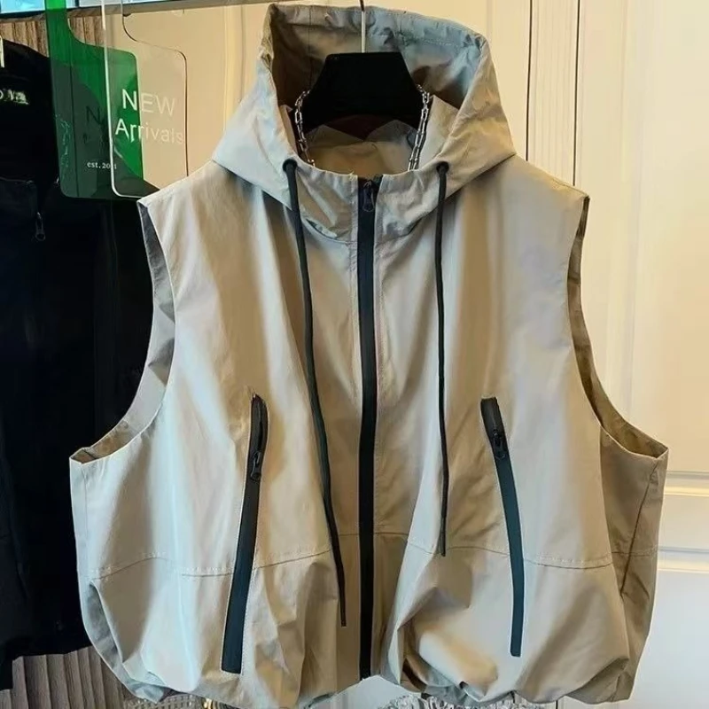 Women Vest Spring Summer New Versatile Hooded Sleeveless Short Jacket Tooling Casual Female Tops Vest Waistcoat Chaleco Mujer