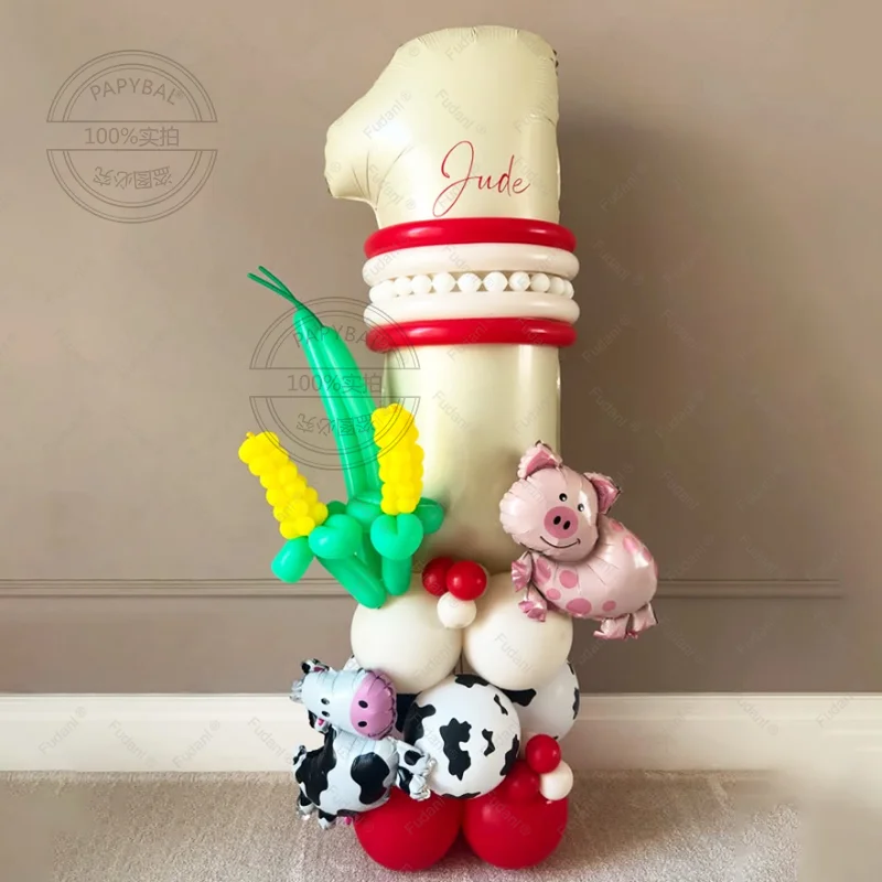 35 stücke Nette Kuh Schwein Ballon Creme Weiß Anzahl Geburtstag Ballon Set Tier Thema Geburtstag Partei Liefert Festival Dekoration