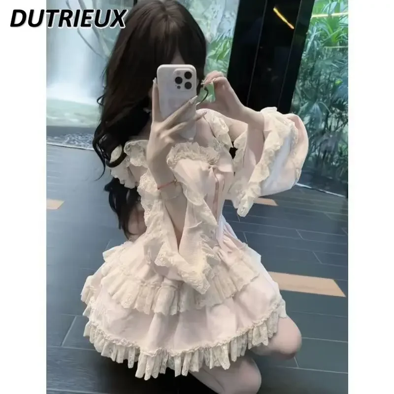 الخريف لطيف الرياح الحلو بناتي لوليتا القوس كشكش كم فستان لطيف الدانتيل الربط عالية الخصر كعكة منتفخ فساتين قصيرة #4