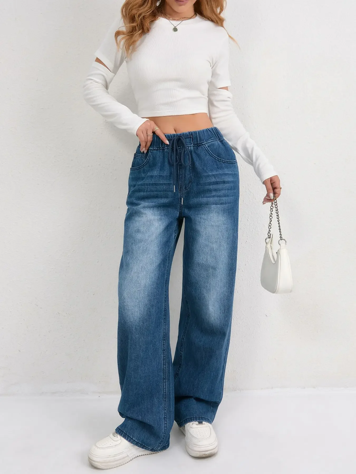

Trendy Elastic Waist Women Jeans Wide Pants Baggy Denim Trousers Loose Fit High Quality Comfort Stretch Fashion 2025 New Design