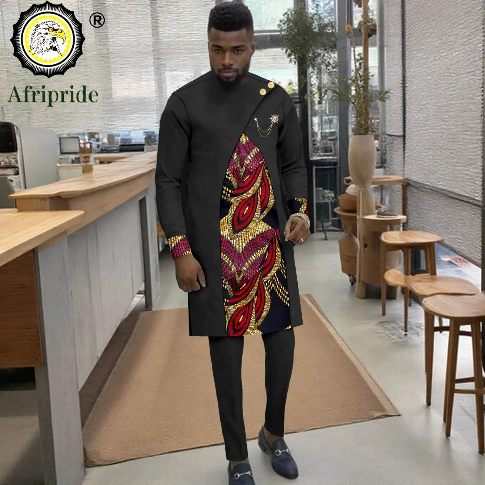 

African Clothes for Men Two Buttons Embroidery Brooch Print Shirts and Pants 2 Piece Set Dashiki Outfits for Wedding 2516052