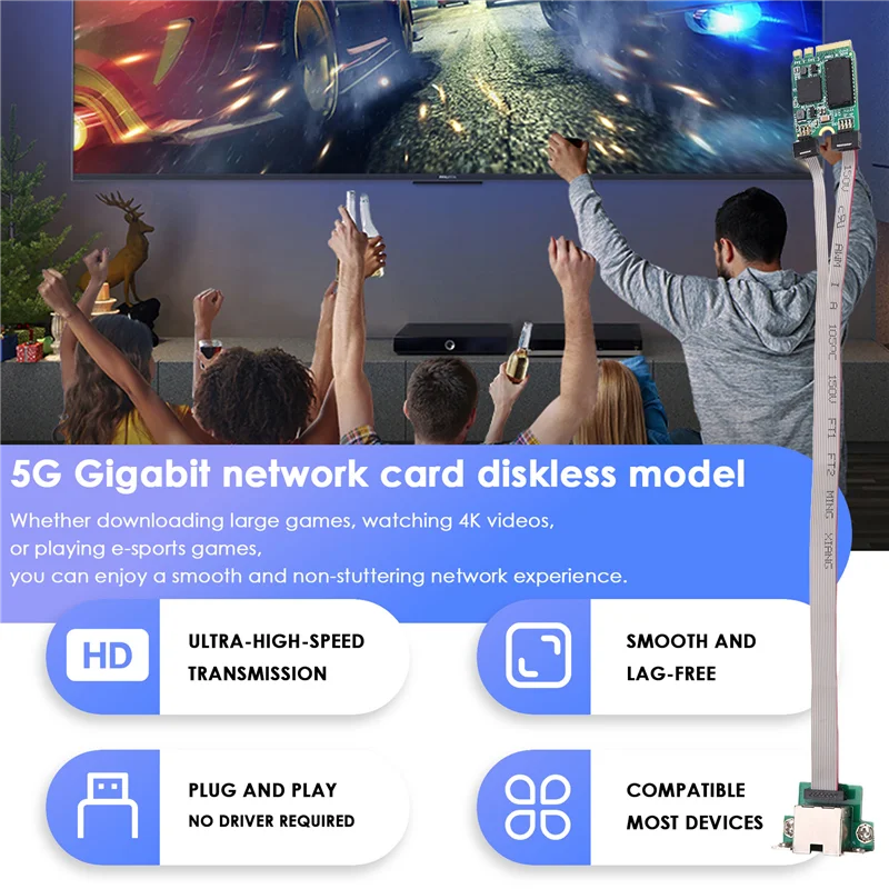 M.2 A+E KEY E-Sports netwerkkaart met 5Gbps Gigabit RJ45-poort, PXE schijfloze opstart, voor Win10/8/7, met RTL8126-chip