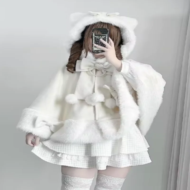 الفتيات الحلو لوليتا الخريف الشتاء مقنعين عباءة اليابانية لطيف القوس الرؤوس العباءات Y2K أفخم الدافئة سترة قصيرة سيسي تأثيري حلي #3