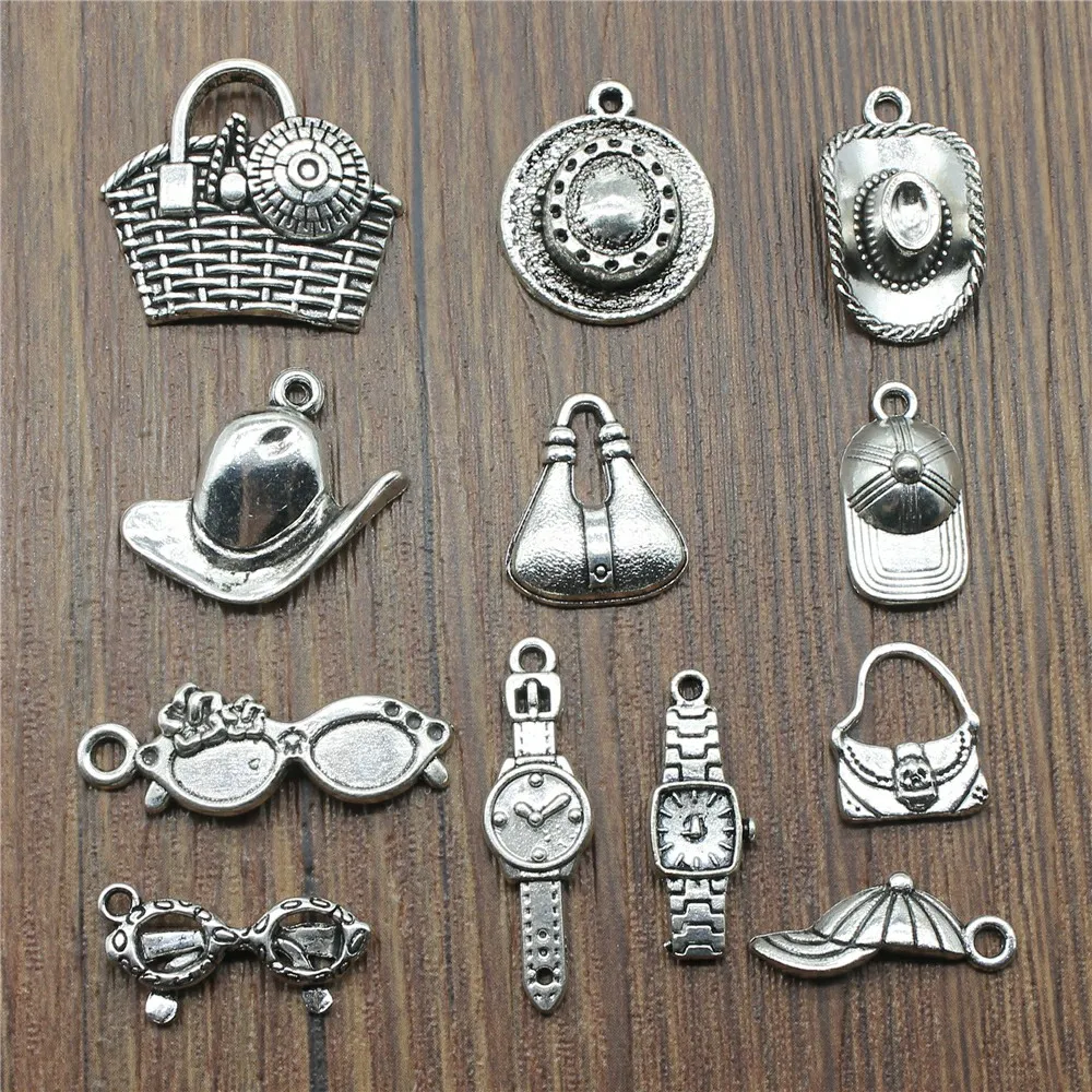 20 sztuk / partia kapelusz Charms okulary przeciwsłoneczne Charms tworzenie biżuterii zegarek Charms do tworzenia bransoletek antyczny kolor srebrny