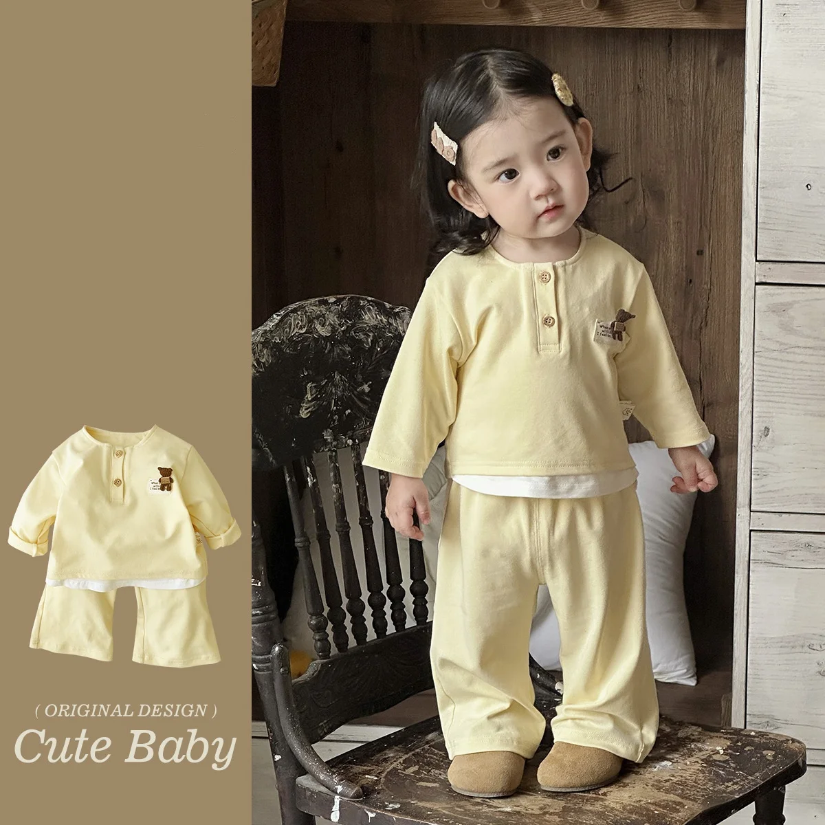 

Korean Children Clothing Spring Autumn New Baby Girl Set Solid Color Cute Little Bear Hoodie Pants Two Piece Set Outdoor Wear
