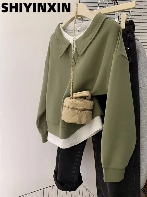 

Green Splicing Fake Two-Piece Lapel Sports Shirt for Women, Casual Pullover, Loose Long Sleeved Top, Spring and Autumn, New