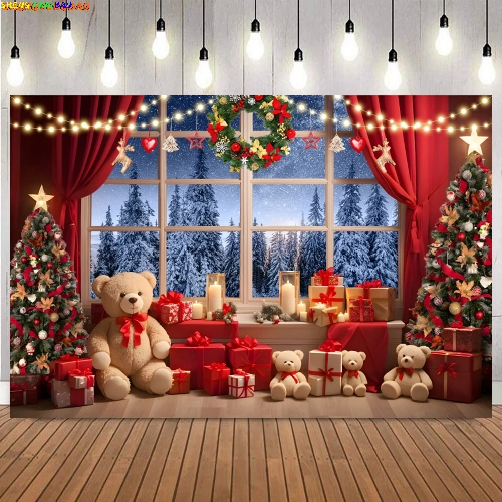 Merry Christmas Photography Background Window Red Curtain Fireplace Xmas Tree Gift Teddy Bear Wood Floor Baby Portrait Backdrop