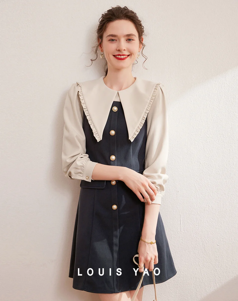 LOUIS YAO 2024 Spring Autumn Collection Mushroom Edge Doll Neck Dress Single Row Decorative Buckle Contrast Long Sleeve Skirt