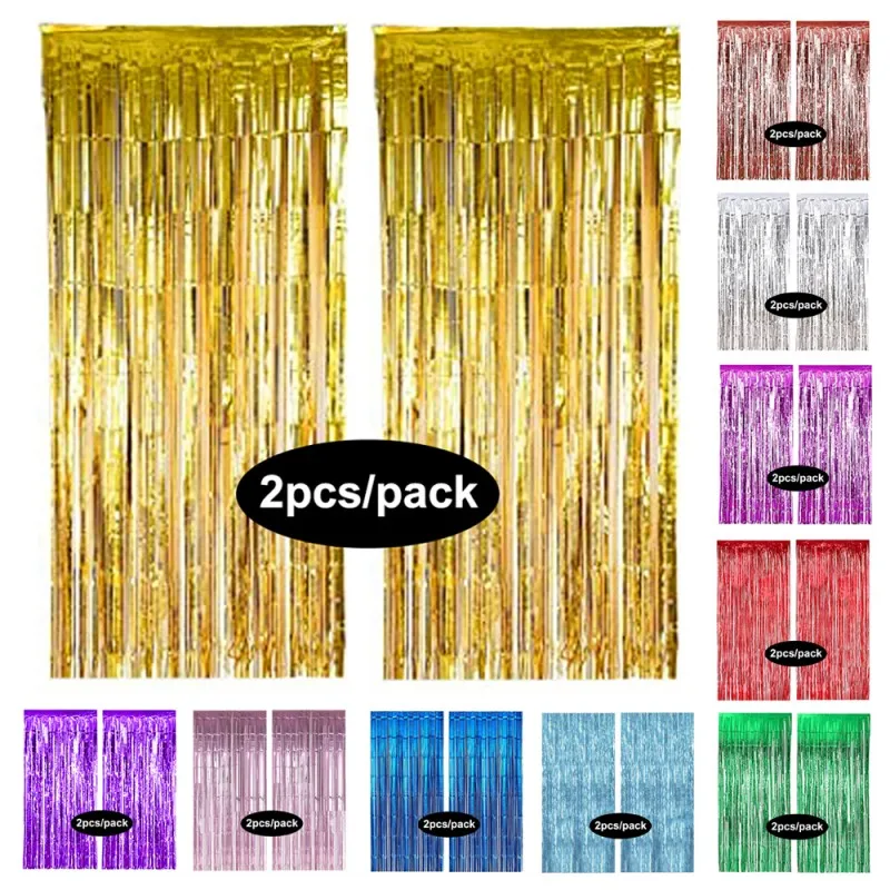 2 Pack Party Decorations Metallic Tinsel Foil Fringe Curtains Backdrop Wall for Birthday New Year Eve Party Photo Wedding Decor
