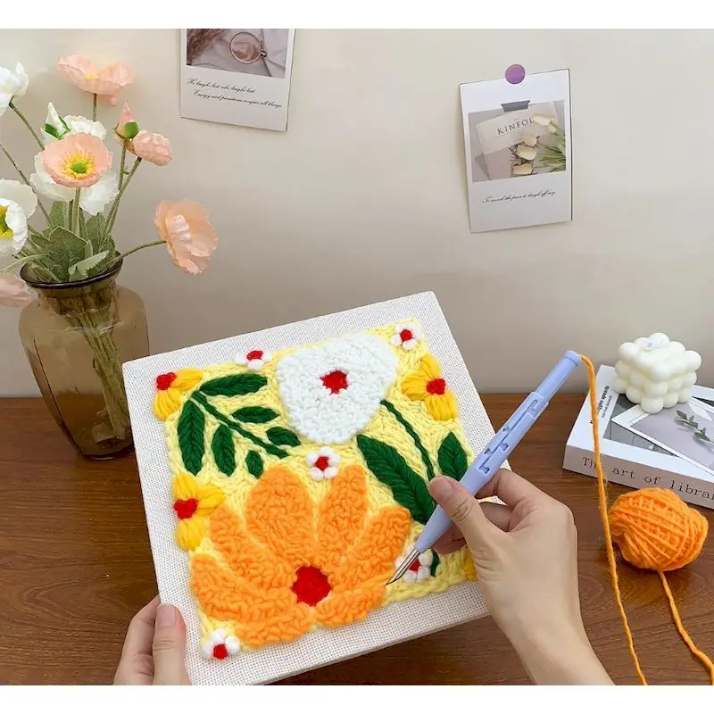 25x25cm パンチニードル刺繍スターターキット 糸 手芸 フレーム付き クロスステッチ刺繍キット DIYクラフト用品