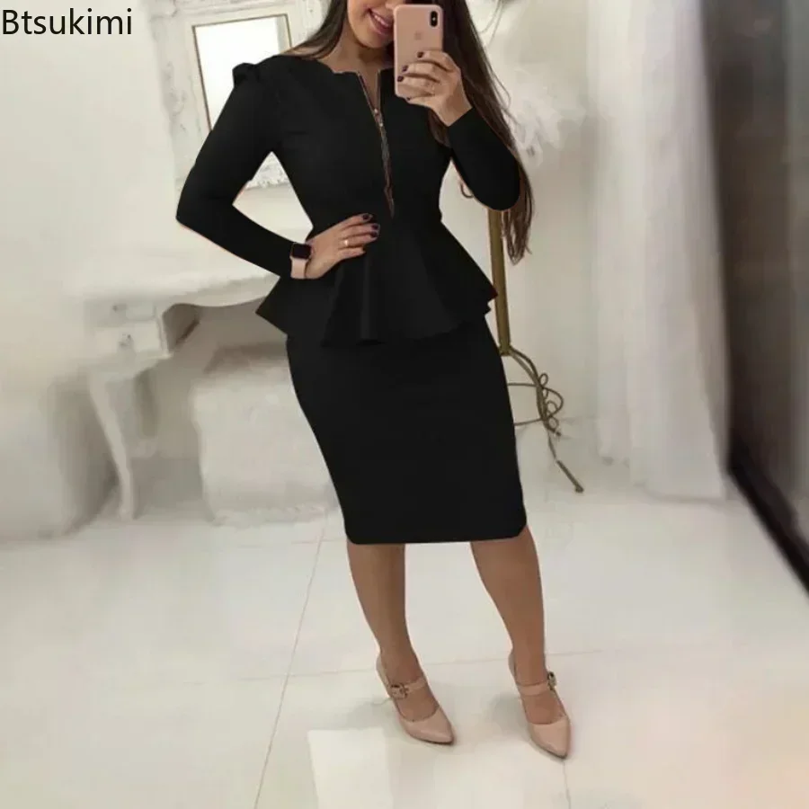 2024 Women\'s Formal Office Skirt Sets Solid Zipper V-neck Pencil Knee-Length Business OL Skrit Sets Female Two Pieces Dress Sets