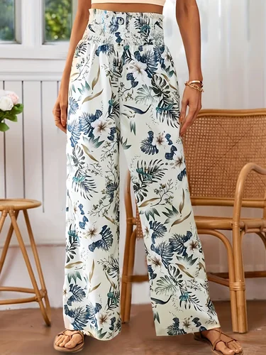 Imagen 1 del producto Pantalones anchos con estampado floral de cintura alta para mujer, pantalones casuales sueltos para verano