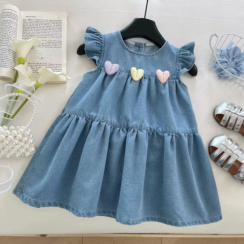 

Summer Girls' Denim Dress2025New Stylish Little Flutter Sleeve Children's Dress Casual Vest Dress