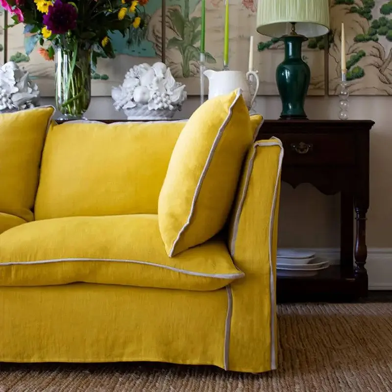 Cocoa sofa wabi sandy wind linen fabric sofa, living room fully dismantled and washed French cream wind down