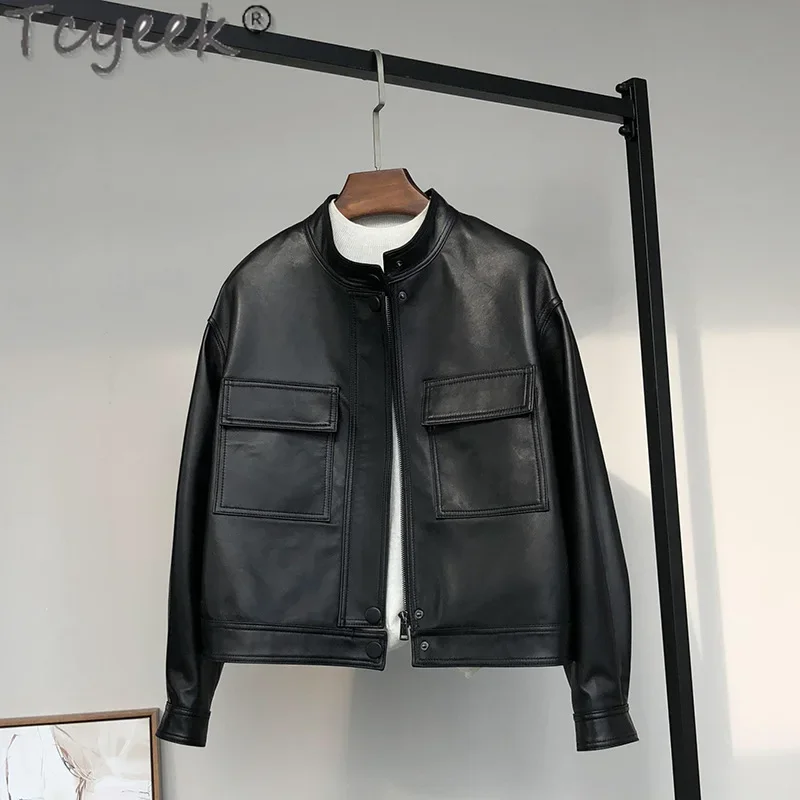 Tcyeek Genuine Leather Jacket Women Fashion Real Sheepskin Coat Stand Collar Women's LeatherJackets Spring Autumn Clothes 2024