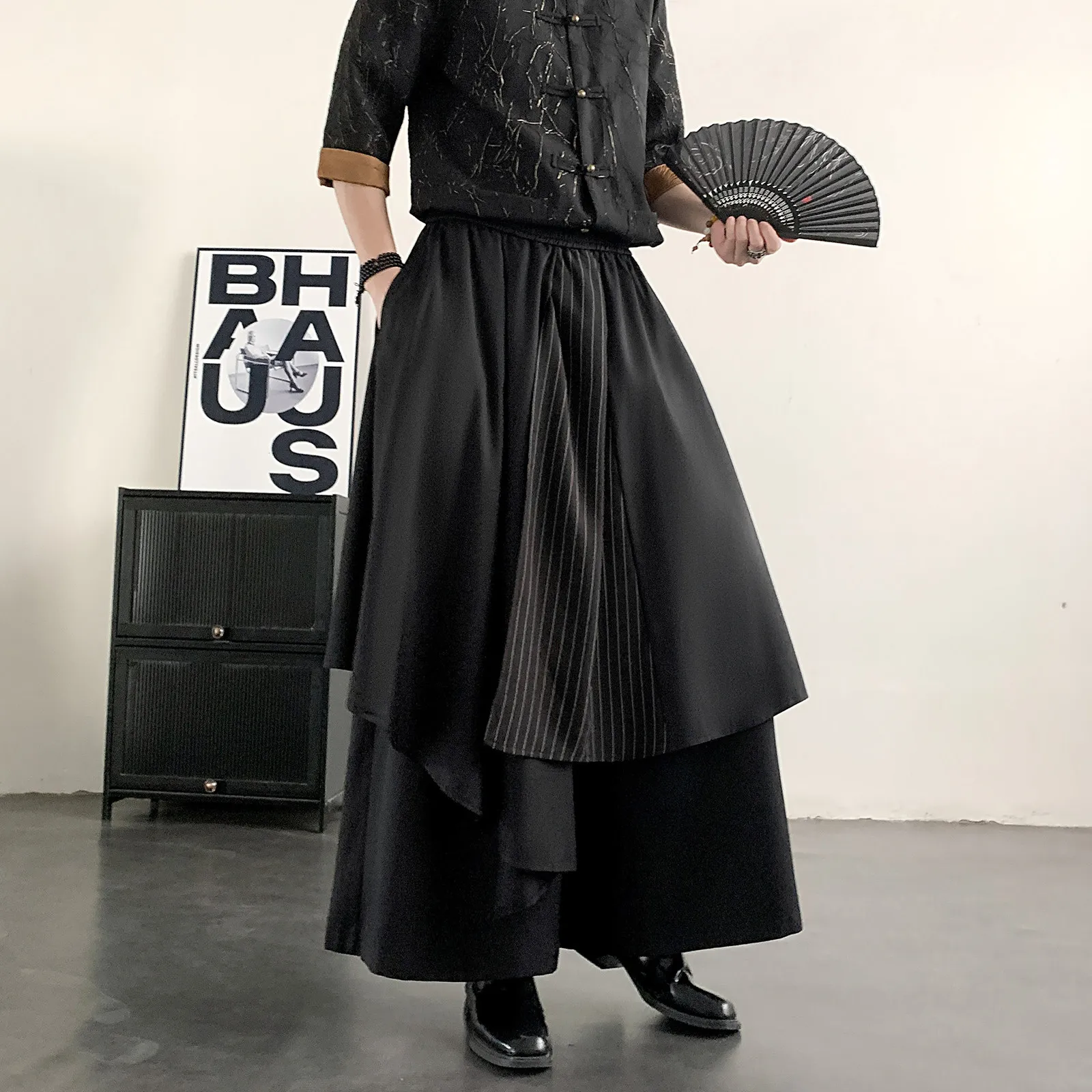 Dark Style Skirt Pants Men Fashion Casual Irregular Patchwork New Chinese Style Trousers Lazy Drooping Wide Leg Pants