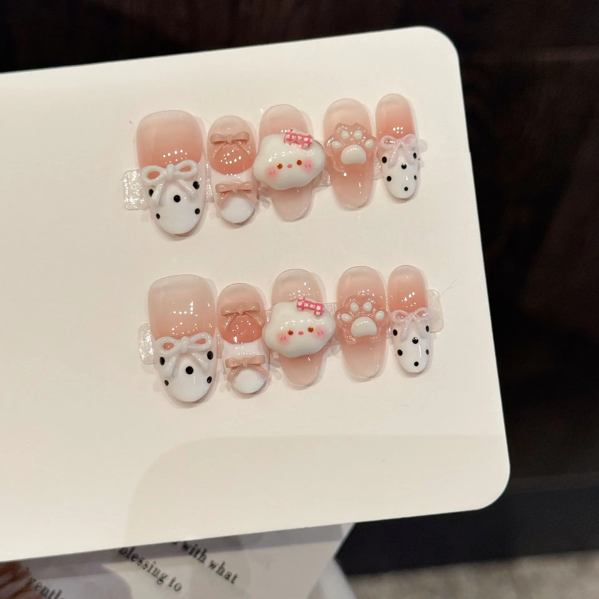 10pcs Handmade Fake Nails Cute Powder cloud sprouting claw Press On False Nails French  cartoon design With 4-PIECE Tool
