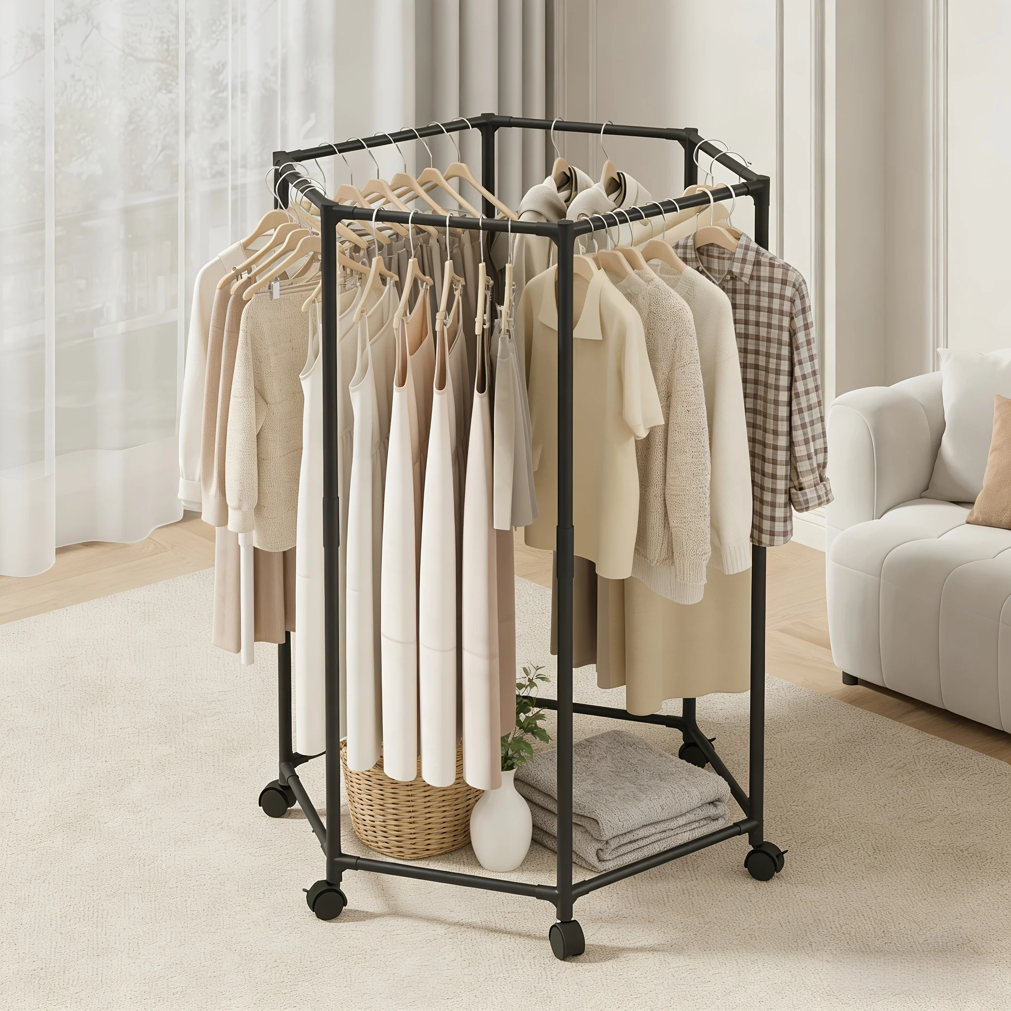 Hexagon Rotating Floor Metal Clothes Rack Dormitory Coat Hanger Stand Indoor Drying Rack Movable Garment Organizer Hat Stand