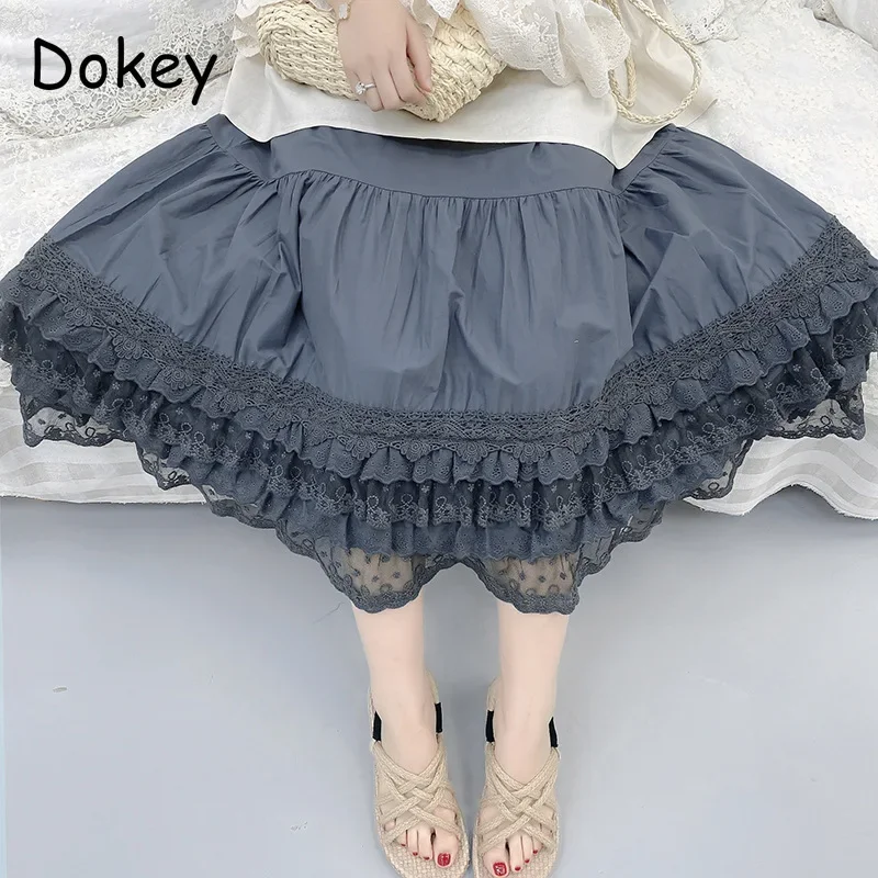 Falda Kawaii con volantes de encaje Vintage para mujer, falda de cintura alta suelta de algodón y lino, falda de pastel Lolita, enagua informal,