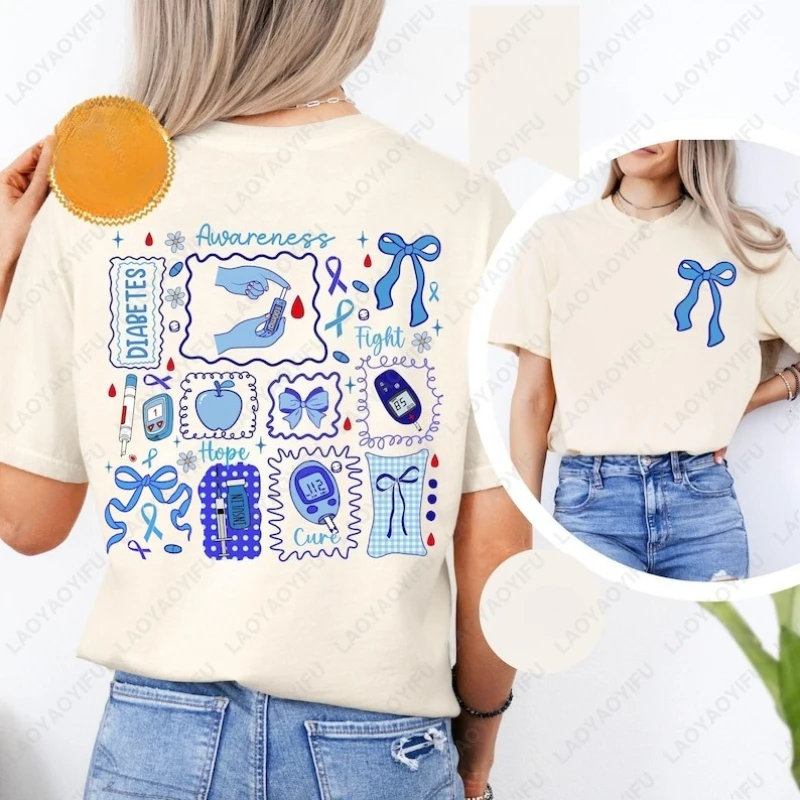 

Diabetes Awareness Blue Ribbon Cotton Tshirt Men Women Creative Popular Casual Fashion Summer Tees Cute Funny Adult Unisex Tops