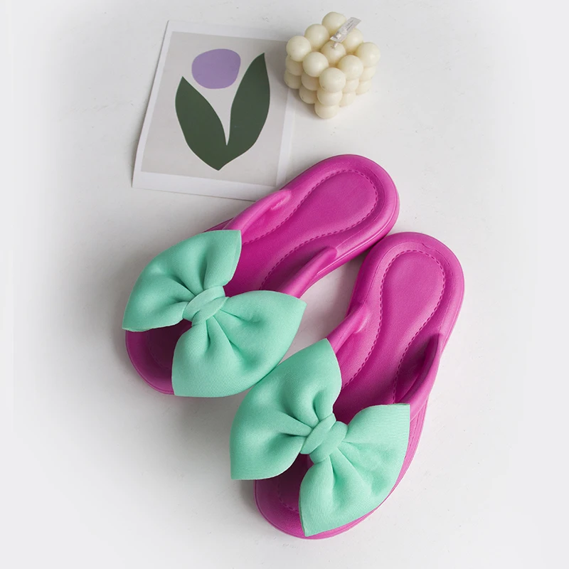 2024 New Women\'s Bowknot Slippers Adult Sweet Non-Slip Bow Flip Flops Girls Soft Candy Color Fashion Flat Slides Indoor Sandals