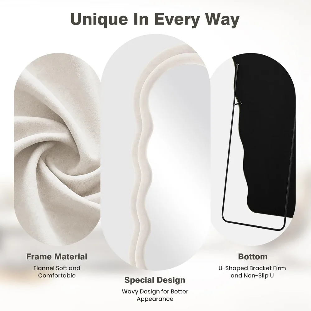 Specchio ondulato ad arco per tutto il corpo 63x24 pollici - Specchio pendente da pavimento montato a parete con supporto, cornice in flanella avorio, parete di lunga durata