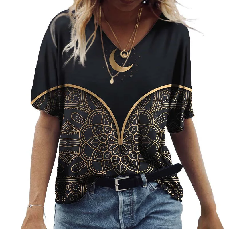 2024 Summer 5XL Women\'s T-Shirt Vintage Casual Black Fashion V Neck Pullover Short Sleeve Printed Loose Daily Tops Design Clothe